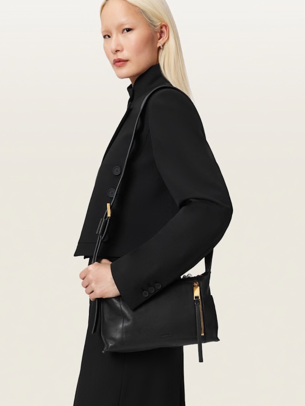 All Saints Black Leather Alba Bag with Gold Zipper